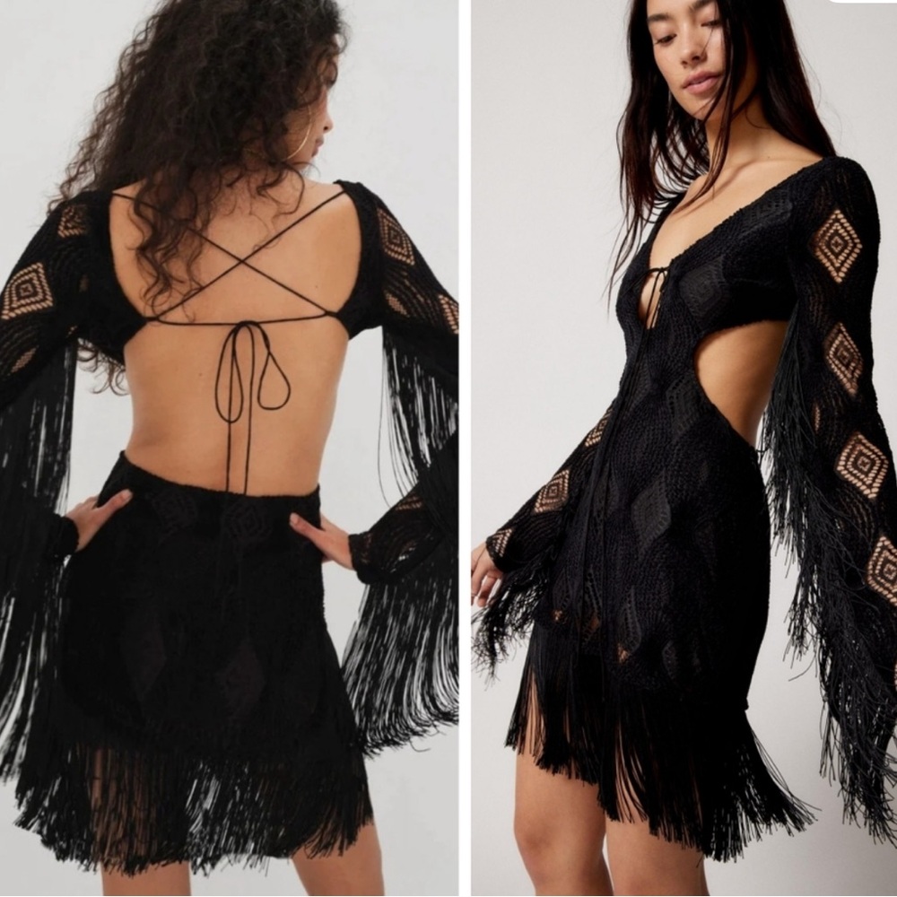 For Love and Lemons Aubrey Black Crochet Fringe Dress Size XS